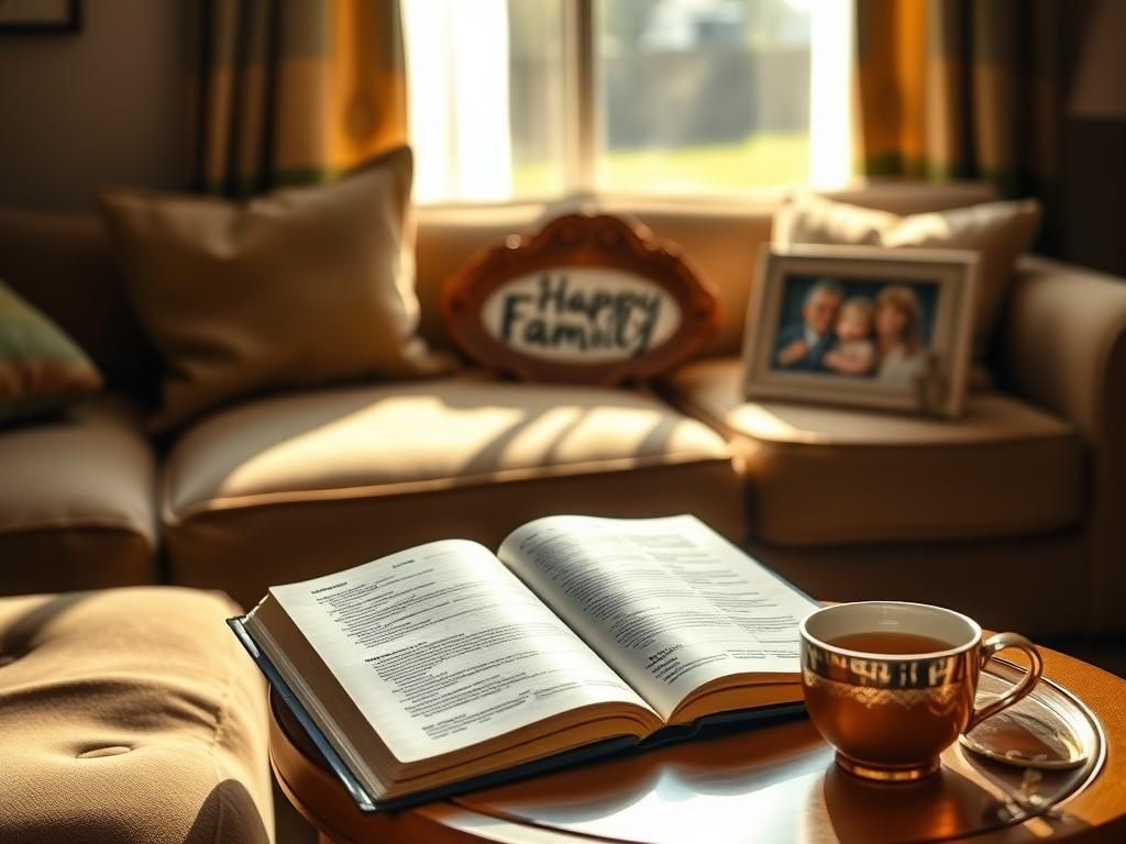 Flick International A cozy living room scene with a Bible and family photo, symbolizing reflection and unity