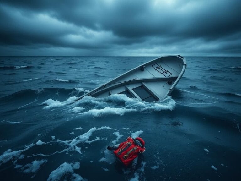 Flick International Capsized small boat in icy waters representing tragic immigrant smuggling attempt