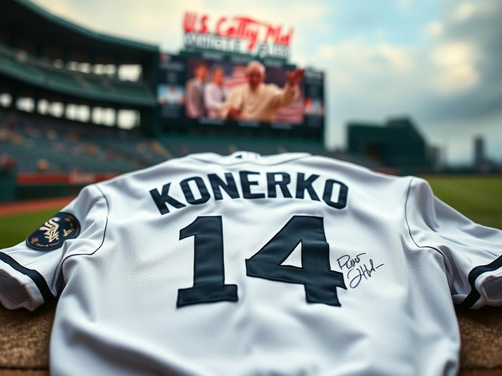 Flick International Close-up of an autographed baseball jersey displaying 'Konerko' with 'Pope Leo' above the number '14.'