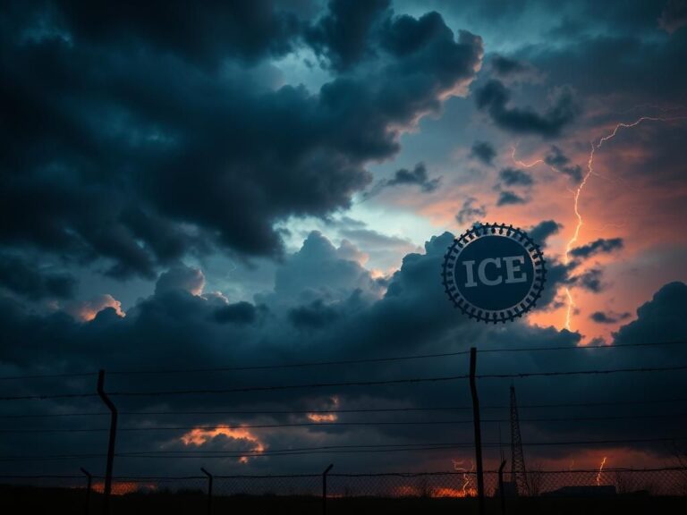 Flick International Dramatic twilight sky with storm clouds and a barbed wire fence representing immigration tensions