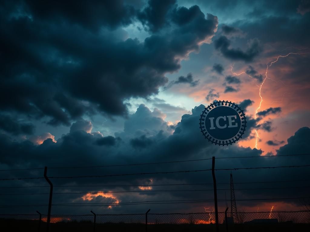 Flick International Dramatic twilight sky with storm clouds and a barbed wire fence representing immigration tensions