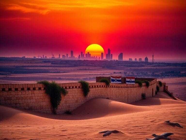 Flick International A dramatic landscape of the Middle East during sunset, featuring an ancient stone wall and modern skylines.