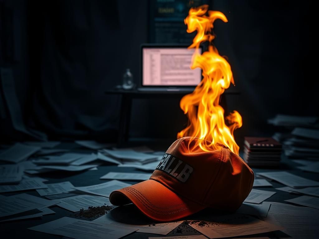 Flick International Dramatic scene of a dimly-lit room with scattered documents and a charred MAGA hat symbolizing conspiracy and backlash