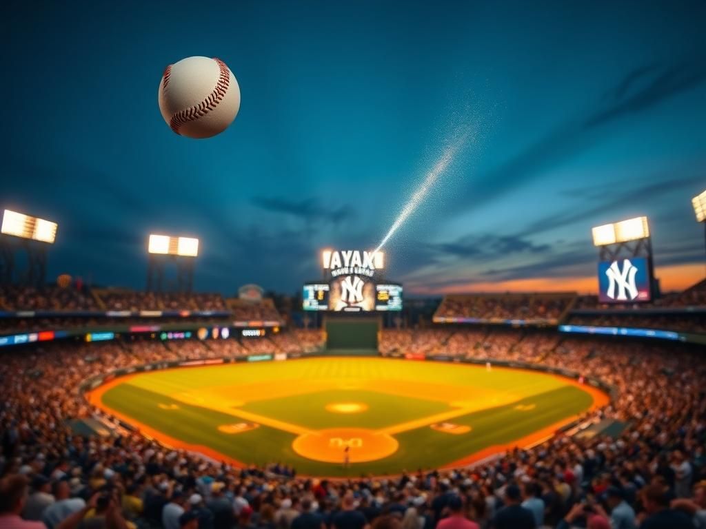 Flick International Aaron Judge hitting a home run at Yankee Stadium with a vibrant crowd in the background