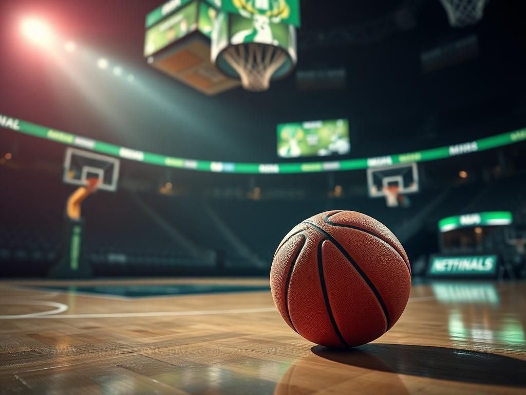 Flick International A basketball court illuminated with Milwaukee Bucks colors and a basketball symbolizing Myles Turner's legacy