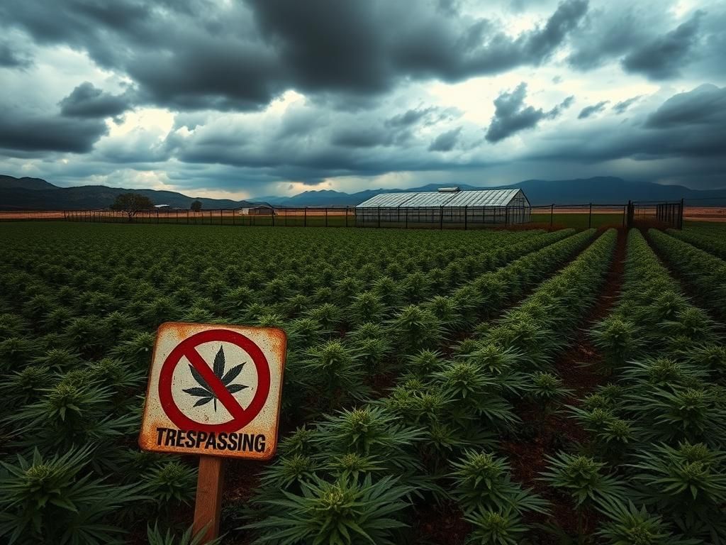 Flick International A dusk view of a cannabis farm in Ventura County with a weathered no trespassing sign