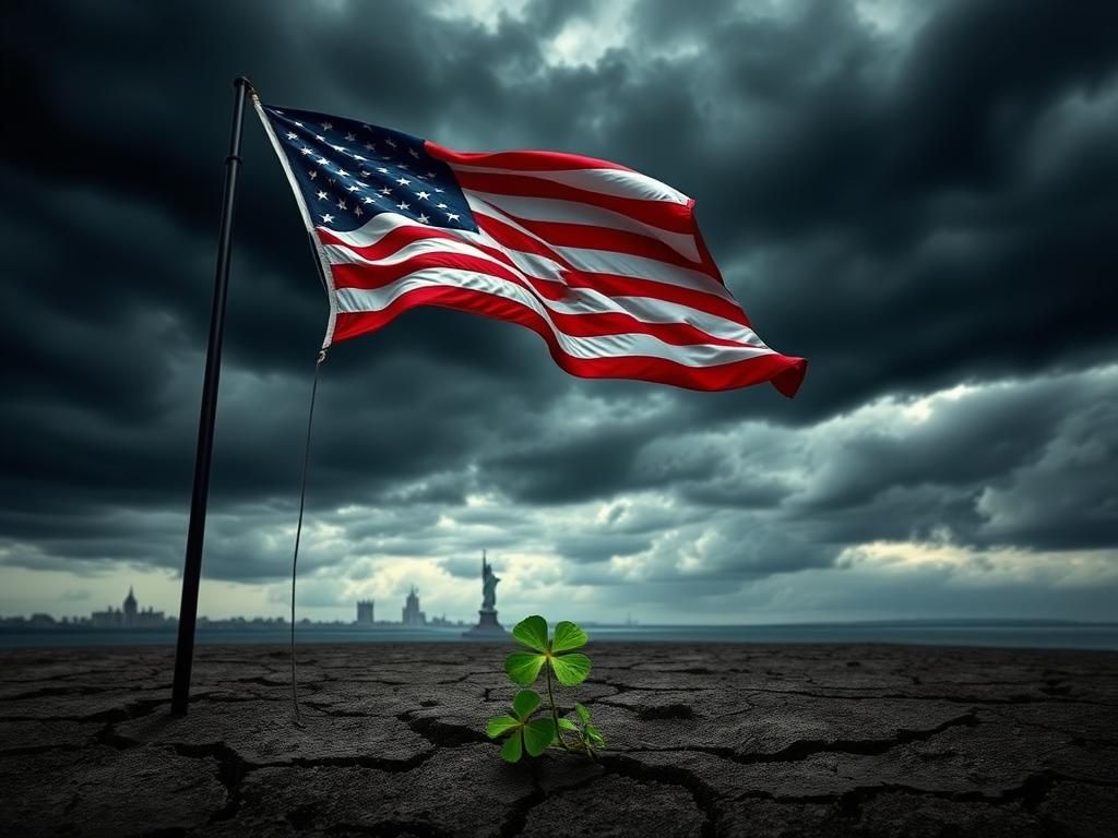 Flick International A broken American flag waving in a strong wind against dark storm clouds