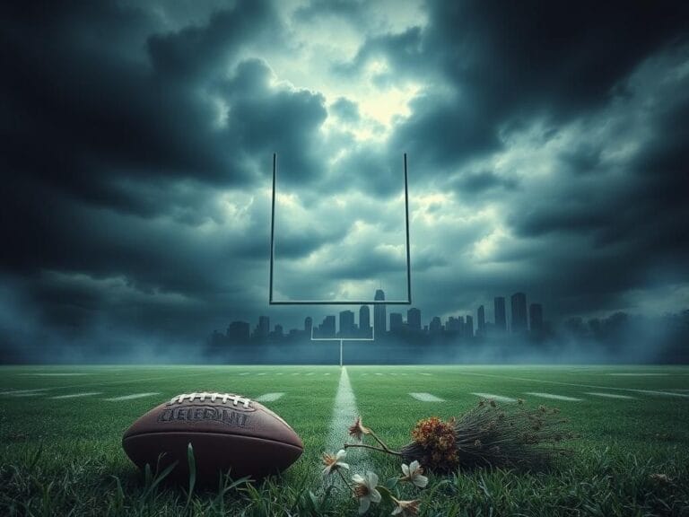 Flick International Stormy sky over a football field with a deflated football and goalpost