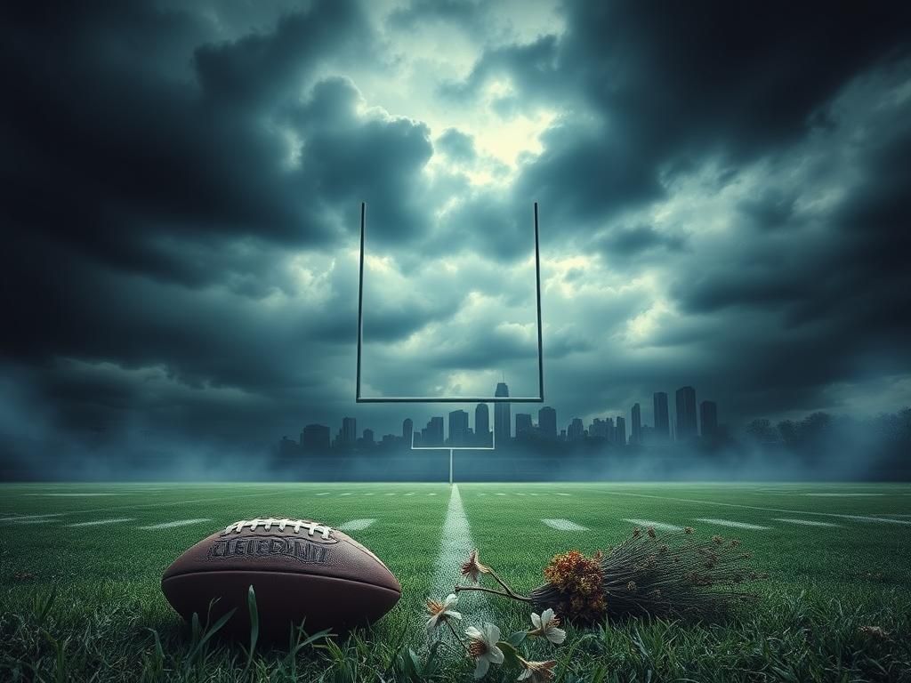 Flick International Stormy sky over a football field with a deflated football and goalpost