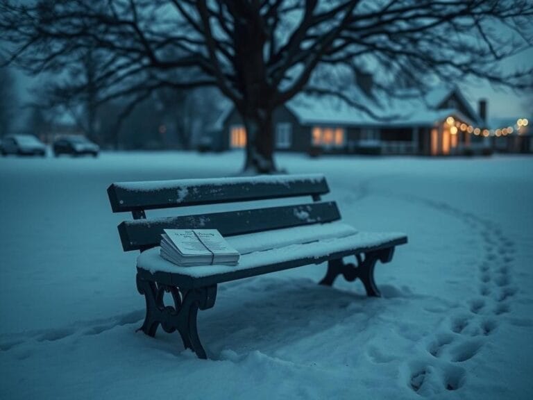 Flick International Snowy landscape at dusk featuring a weathered bench and distant house party lights