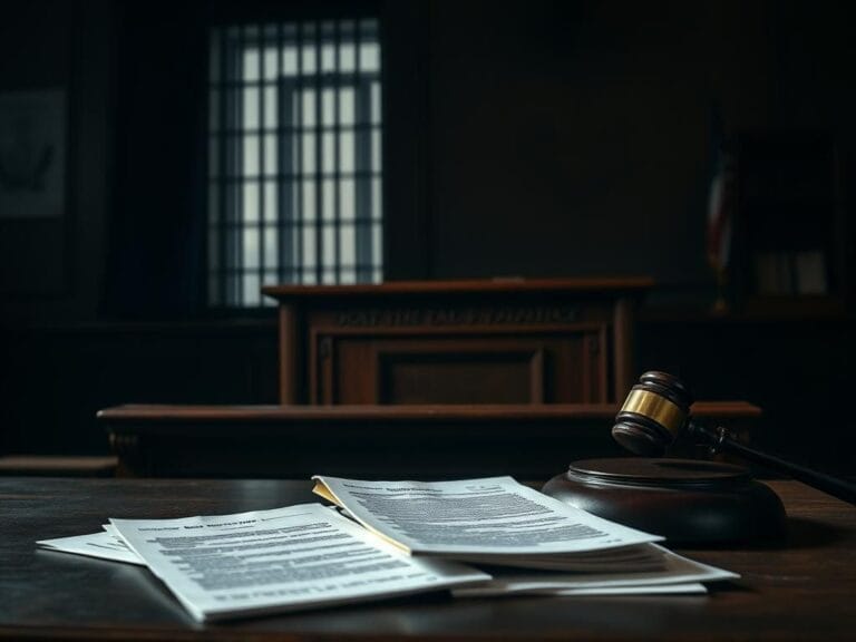 Flick International Dimly lit courtroom scene with a wooden judge's bench and empty witness stand during a legal battle for justice