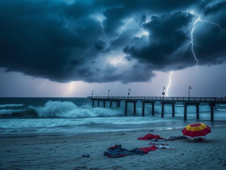 Flick International Stormy scene at St. Augustine Pier with dark clouds and lightning