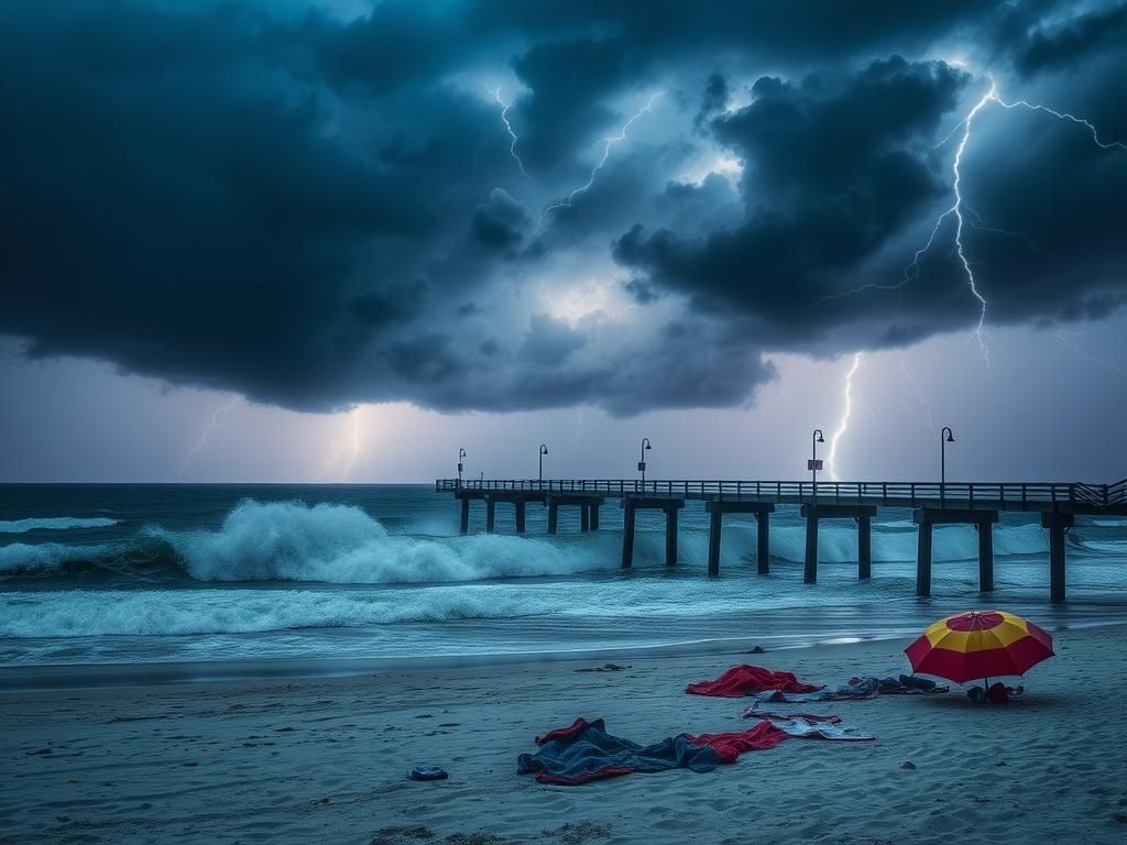 Flick International Stormy scene at St. Augustine Pier with dark clouds and lightning