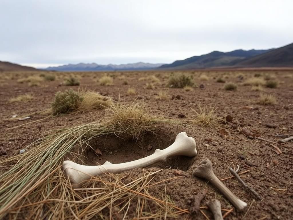 Flick International A desolate landscape in Saguache County, Colorado, with sun-bleached bones and a shallow grave partially obscured by grass.