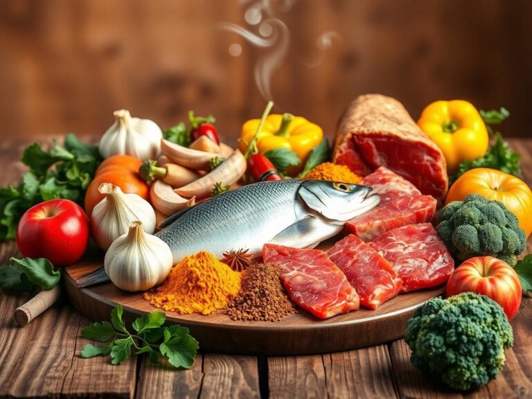 Flick International Vibrant still life of foods affecting body odor, including fish, garlic, spices, and red meat.