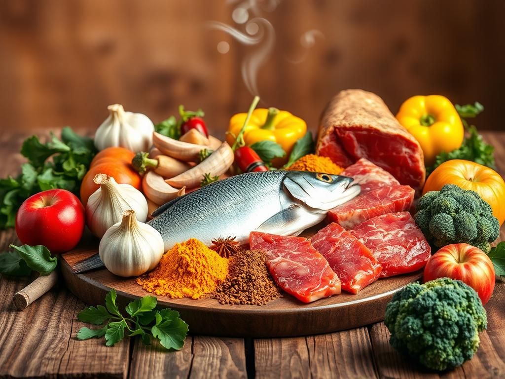 Flick International Vibrant still life of foods affecting body odor, including fish, garlic, spices, and red meat.