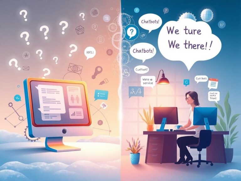 Flick International A digital artwork contrasting chatbot interfaces with warm human customer service interactions.