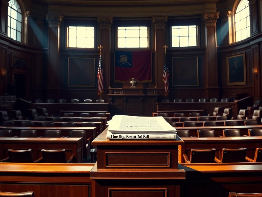 Flick International Ornate government chamber with a grand wooden podium and empty rows of seats