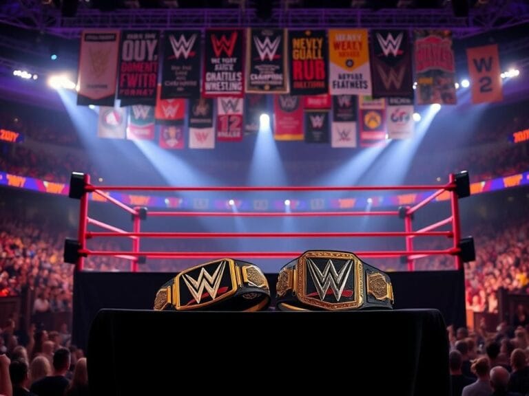Flick International A dramatic wrestling ring surrounded by vibrant banners, with championship belts on display