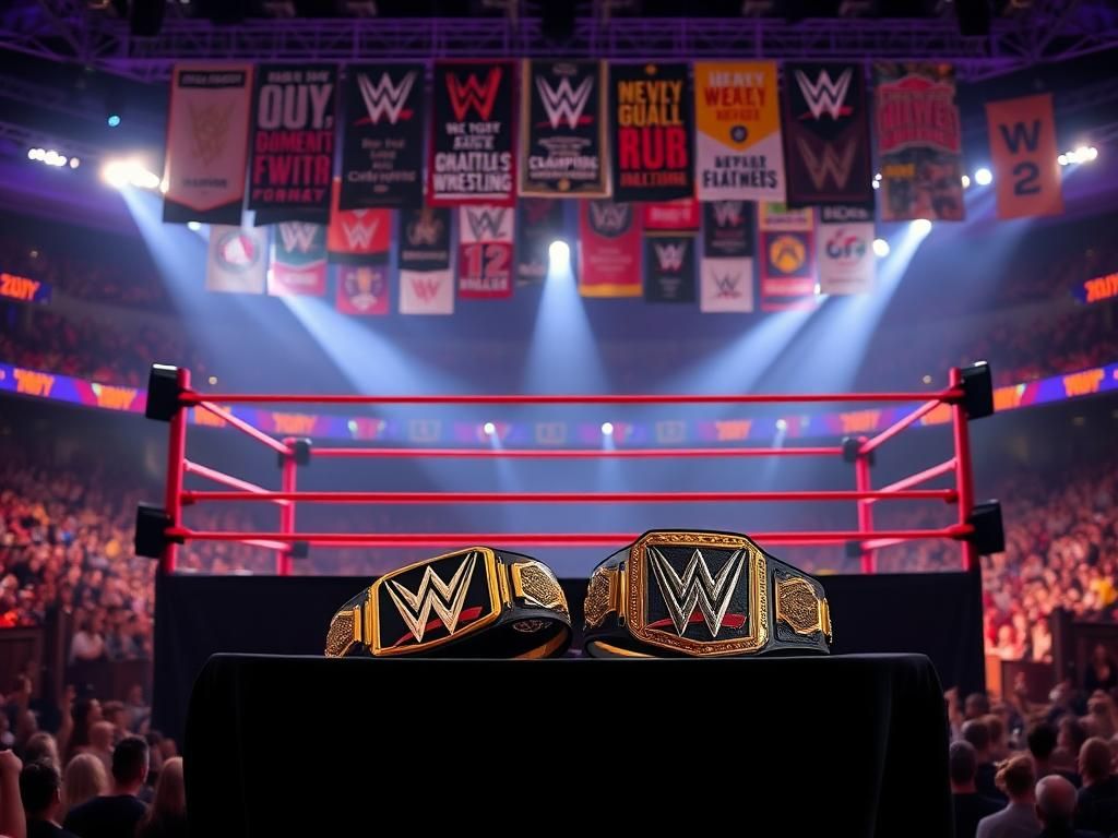 Flick International A dramatic wrestling ring surrounded by vibrant banners, with championship belts on display