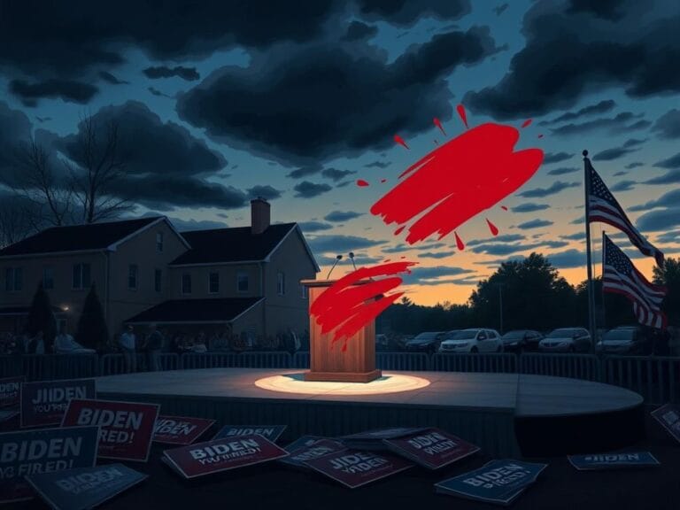 Flick International Dramatic illustration of a campaign rally stage in Butler, Pennsylvania, set against a twilight sky