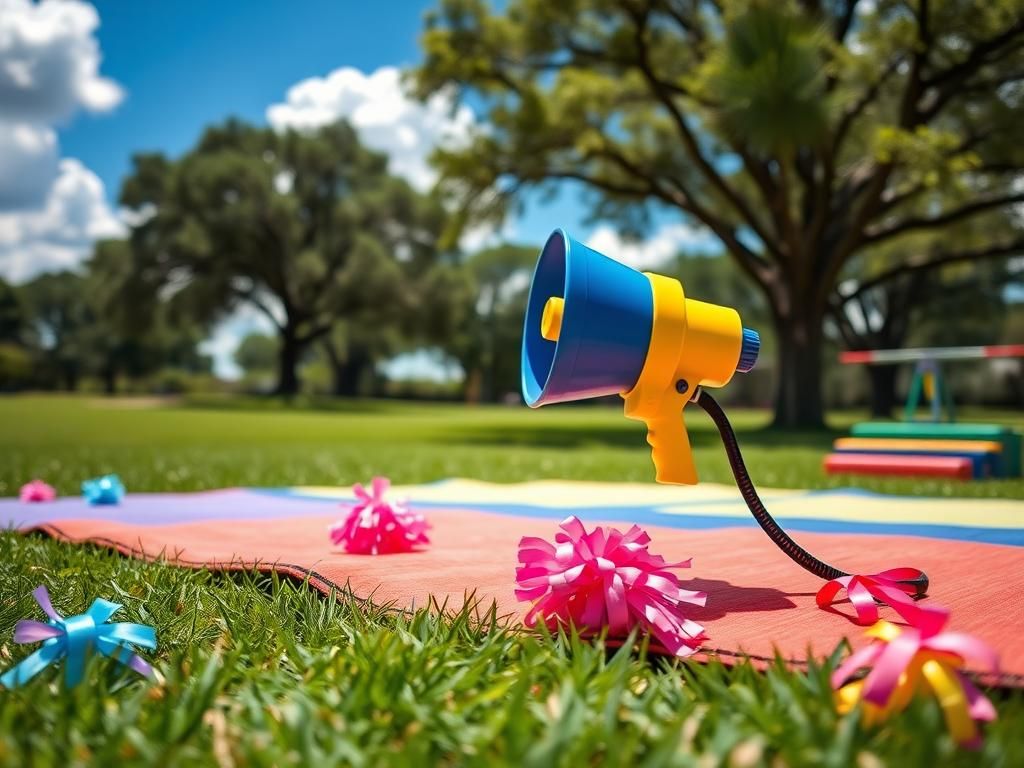 Flick International Cheerleading stunts in a sunny Texas park with a father and daughter