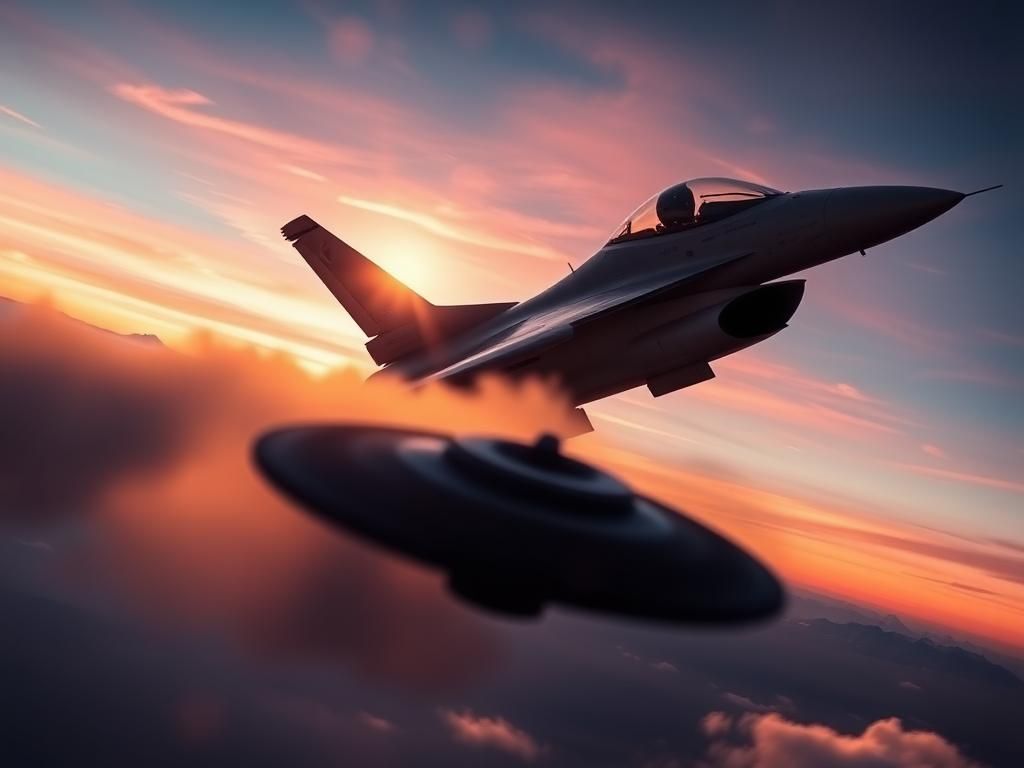 Flick International A U.S. Air Force F-16 Viper jet soaring through a vivid Arizona sky, with a blurred silhouette of an unidentified flying object in the foreground, hinting at advanced technology.
