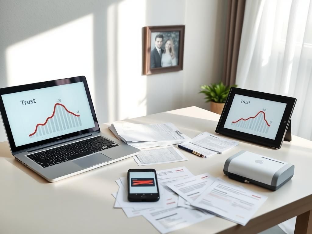 Flick International A serene home office scene with financial documents and a closed laptop, symbolizing financial security and caution against family scams.