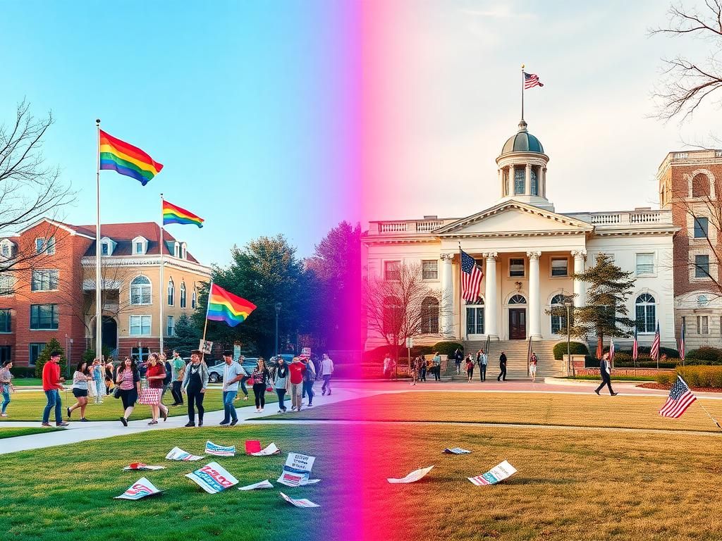 Flick International Split image showing contrasting landscapes of liberal and conservative college environments.