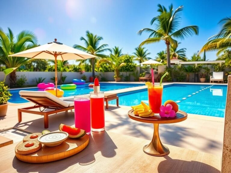 Flick International Heather Rae El Moussa enjoying a sunny poolside scene with healthy snacks and relaxation elements
