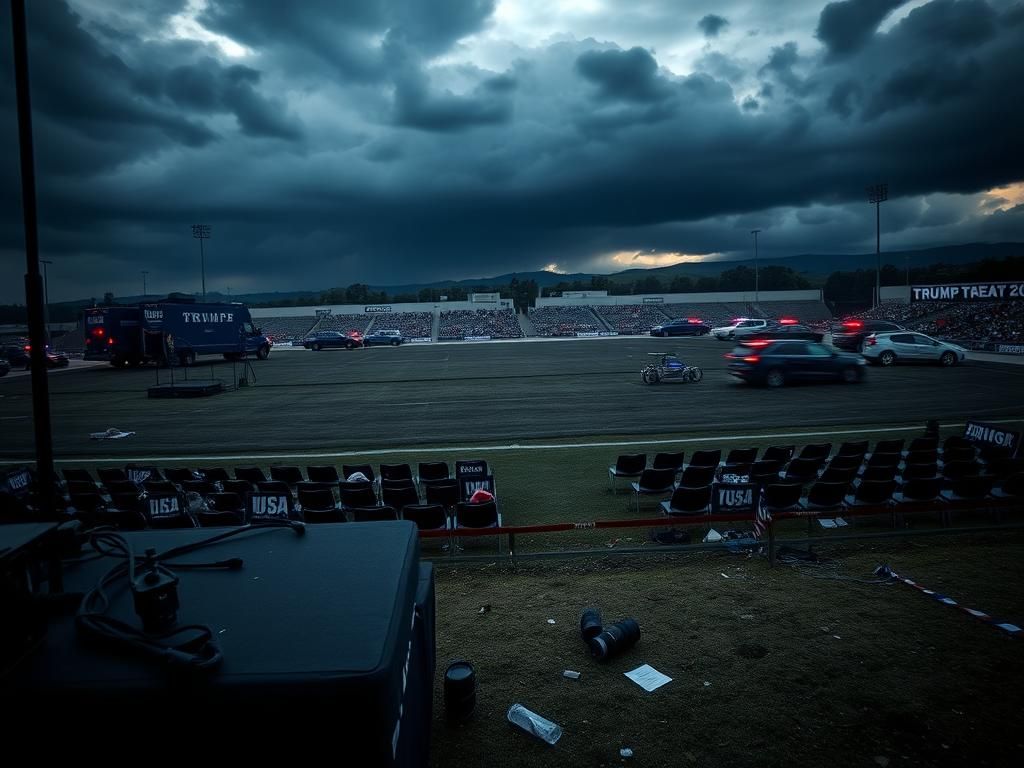 Flick International Empty press riser and discarded camera equipment at Trump rally site in Butler, Pennsylvania
