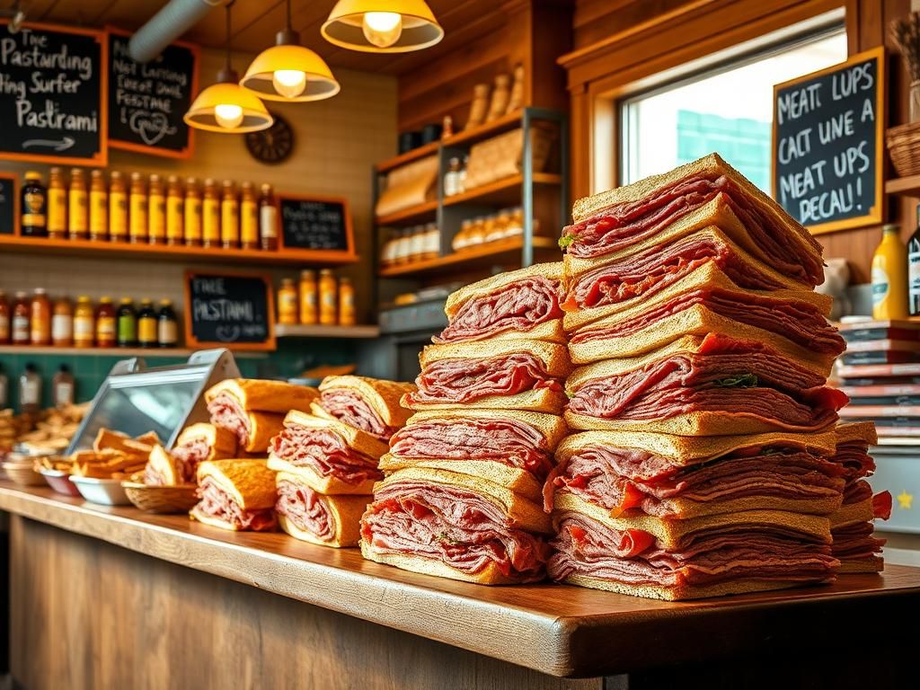 Flick International A bustling delicatessen interior featuring a display of various pastrami sandwiches stacked on a wooden counter