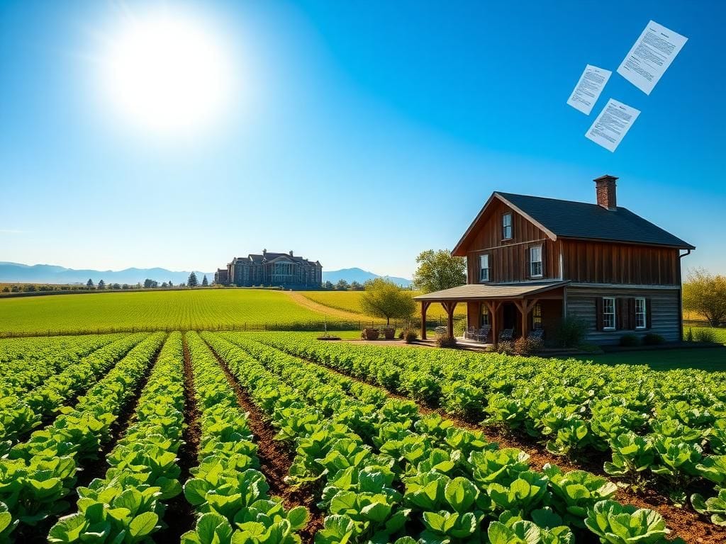 Flick International A serene rural landscape showcasing vibrant agricultural fields with a rustic farmhouse and luxurious hotel building.