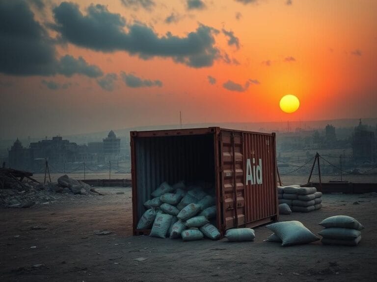 Flick International A desolate landscape in the Gaza Strip featuring a rusted shipping container labeled 'Aid' amidst destroyed buildings and debris.