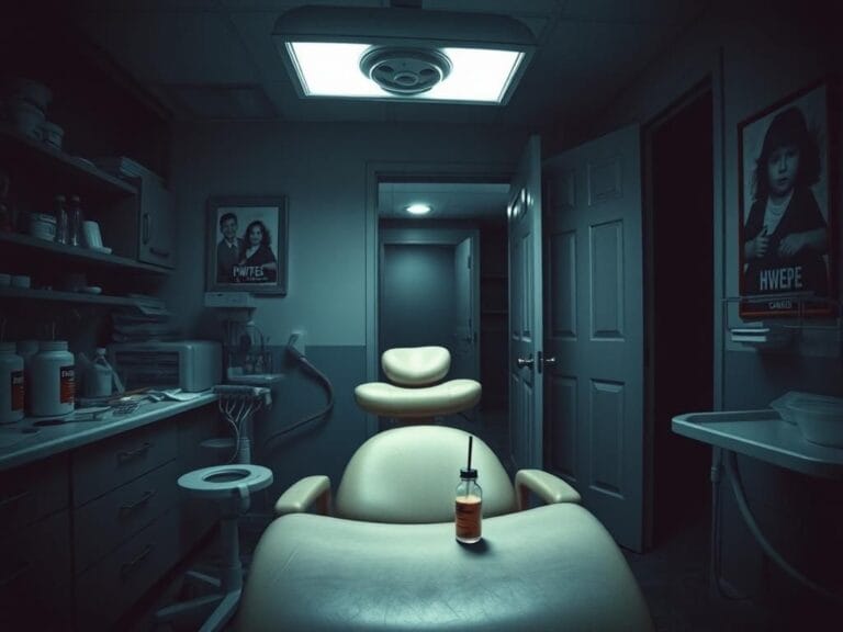 Flick International Dimly lit dental office with a cracked chair and ominous protein shake