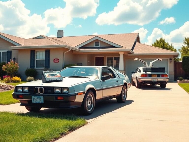 Flick International A vibrant 1980s suburban driveway featuring a BMW car and a DeLorean, symbolizing nostalgia from 'Back to the Future'.