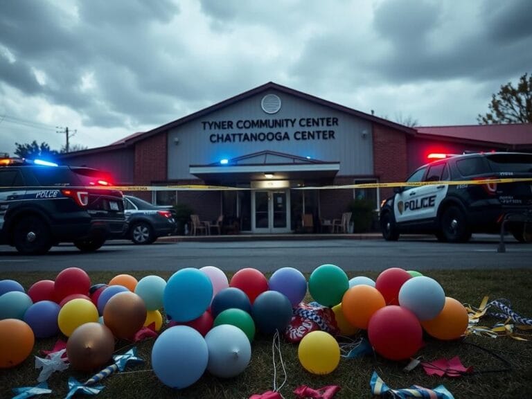 Flick International Exterior view of Tyner Community Center in Chattanooga, showing police presence after a shooting incident during a class reunion.