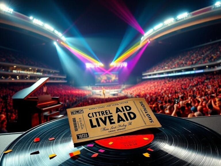 Flick International A vibrant concert scene from Live Aid featuring iconic musical instruments and cheering crowds