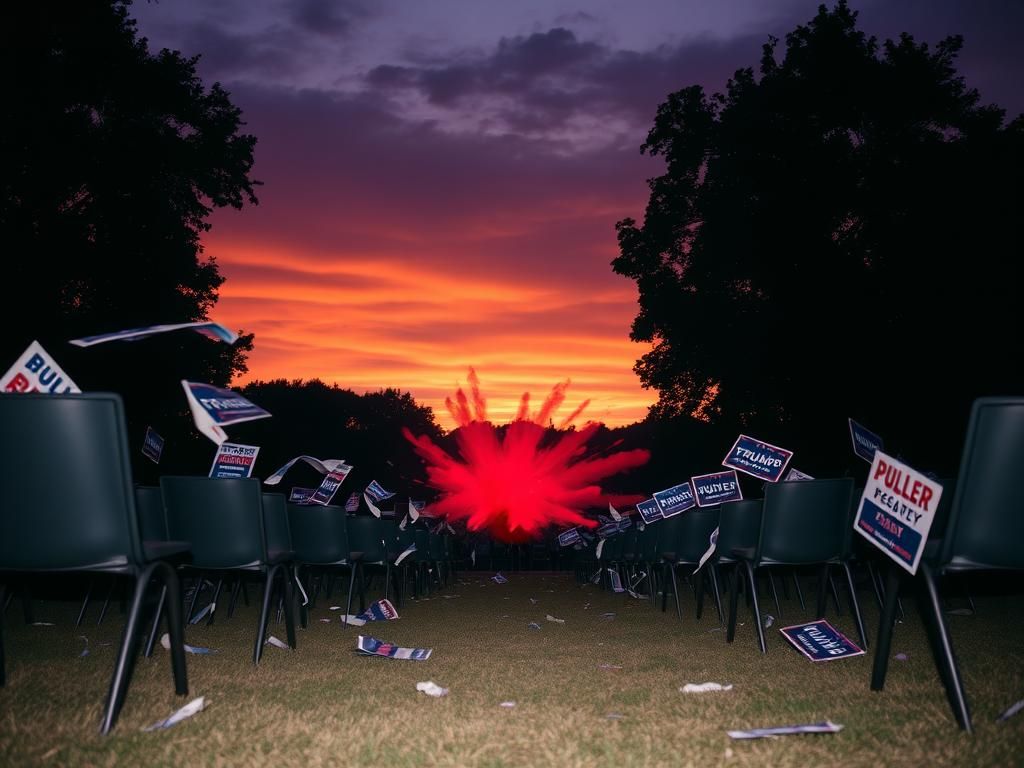 Flick International Abandoned chairs and campaign signs at the Butler Farm Show Grounds during a summer rally