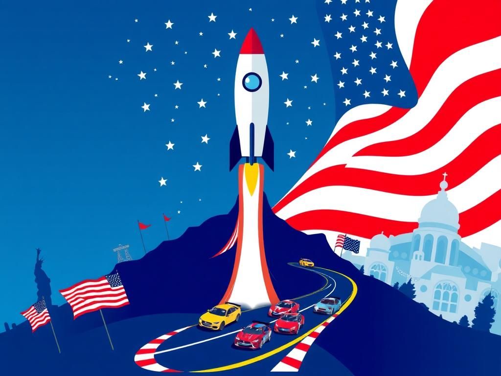 Flick International A stylized graphic of a rocket launching into a starry night sky, symbolizing American space exploration.