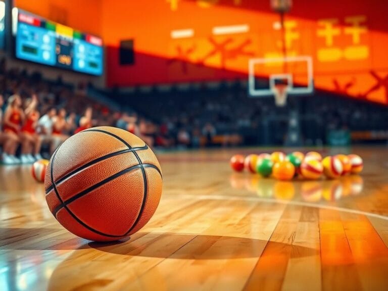Flick International Close-up of a well-worn basketball on a polished wooden floor surrounded by colorful team balls