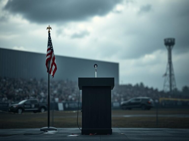 Flick International Weathered podium with microphone at Butler campaign rally site, adorned with a wilted American flag