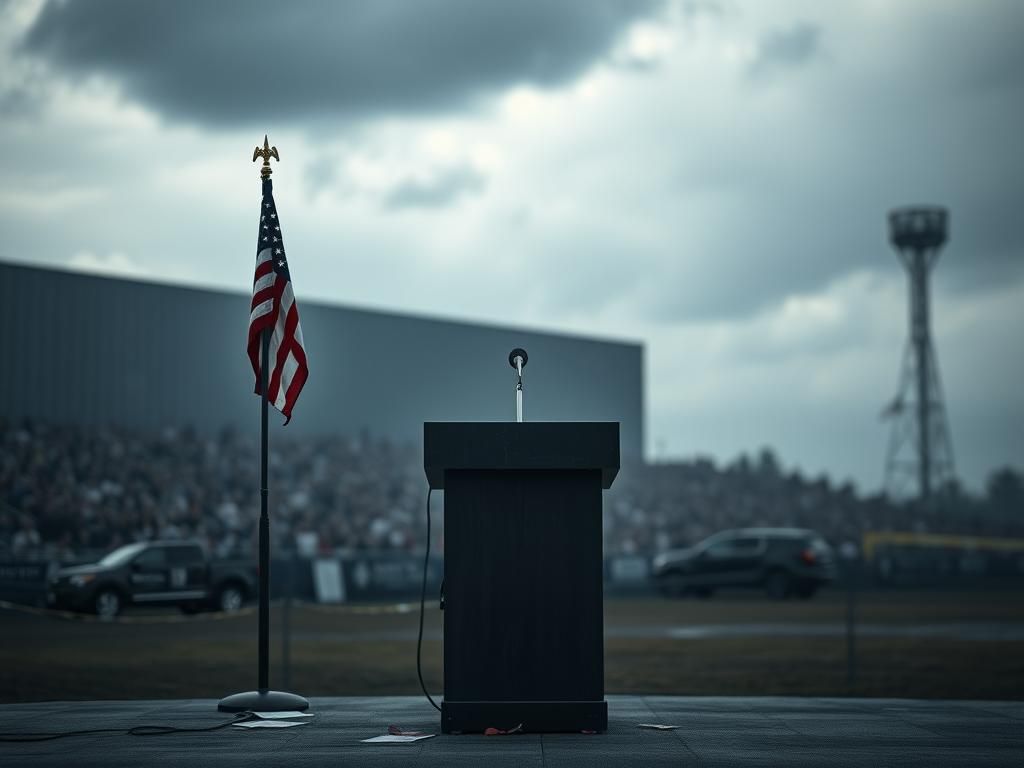 Flick International Weathered podium with microphone at Butler campaign rally site, adorned with a wilted American flag