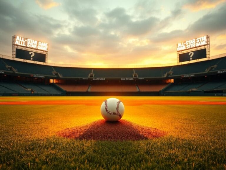 Flick International Dramatic sunset over a baseball field with pitcher's mound and glowing baseball symbolizing rookie Jacob Misiorowski's All-Star spotlight.