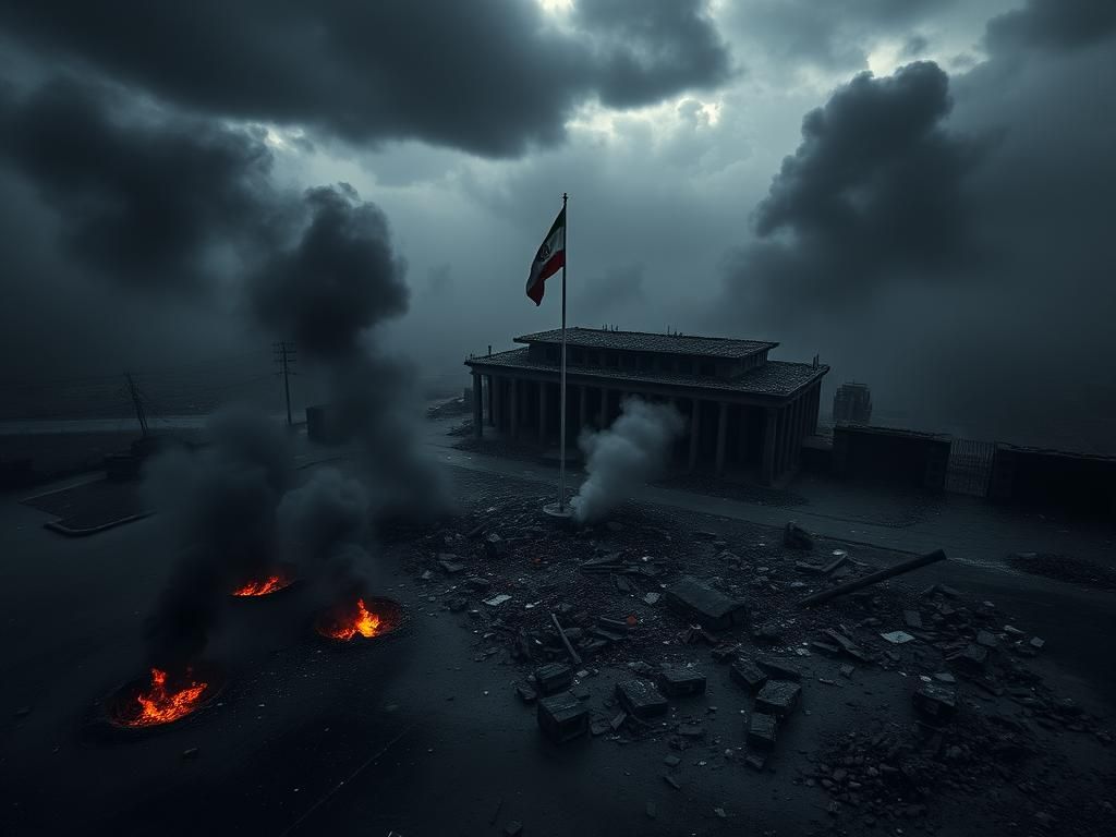 Flick International Aerial view of a damaged government facility in Tehran after an Israeli airstrike, with smoke and debris