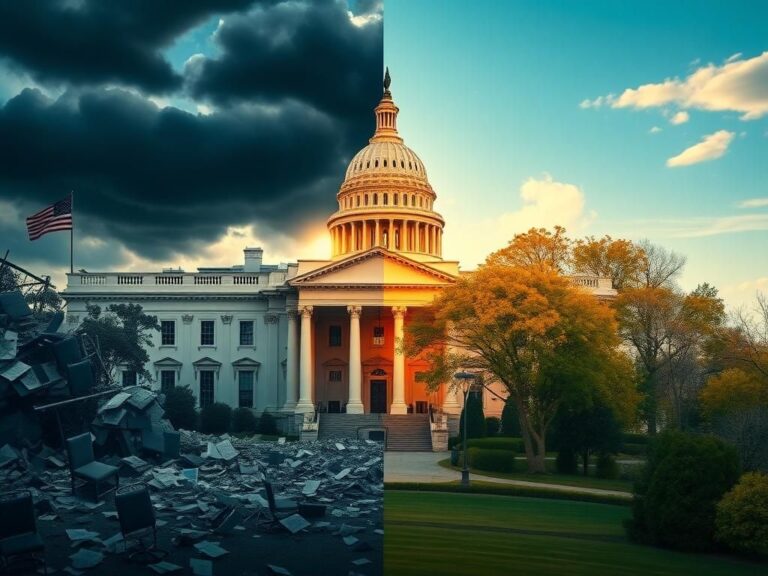 Flick International A dramatic split-scene image contrasting a chaotic, crumbling White House with a vibrant, hopeful Capitol building.