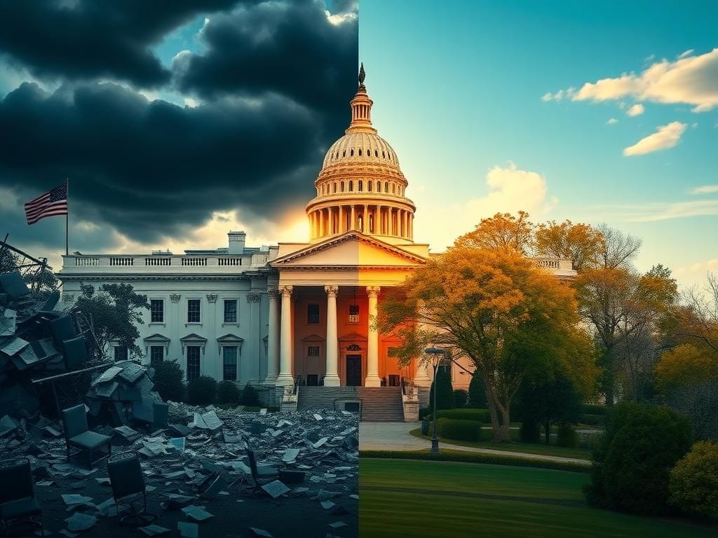 Flick International A dramatic split-scene image contrasting a chaotic, crumbling White House with a vibrant, hopeful Capitol building.
