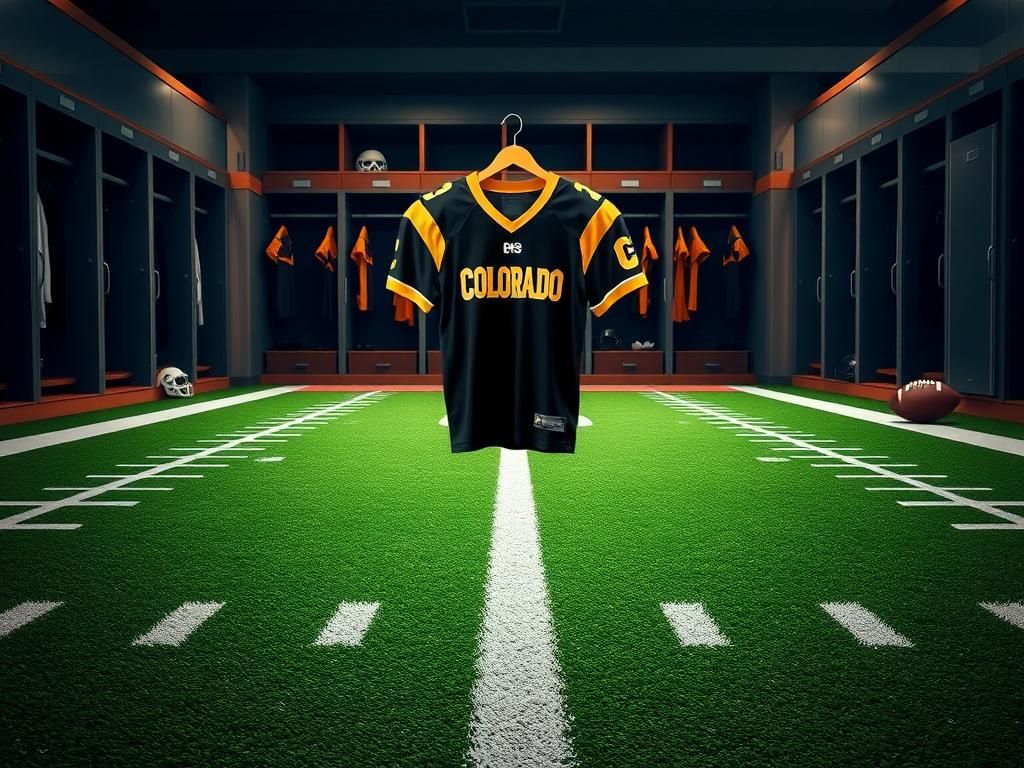 Flick International A vibrant college football field with freshly painted yard lines and goalposts, featuring a black and gold Colorado Buffaloes jersey hanging in a dimly lit locker room.