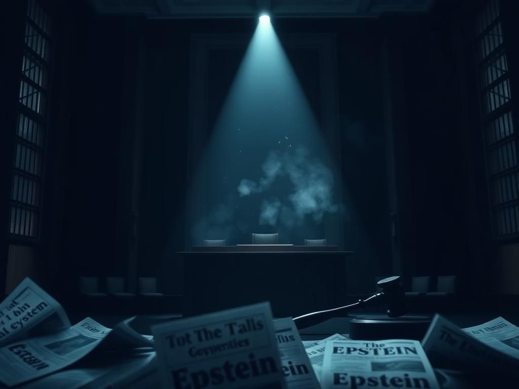 Flick International Shadowy courtroom scene with an empty witness stand and ominous atmosphere