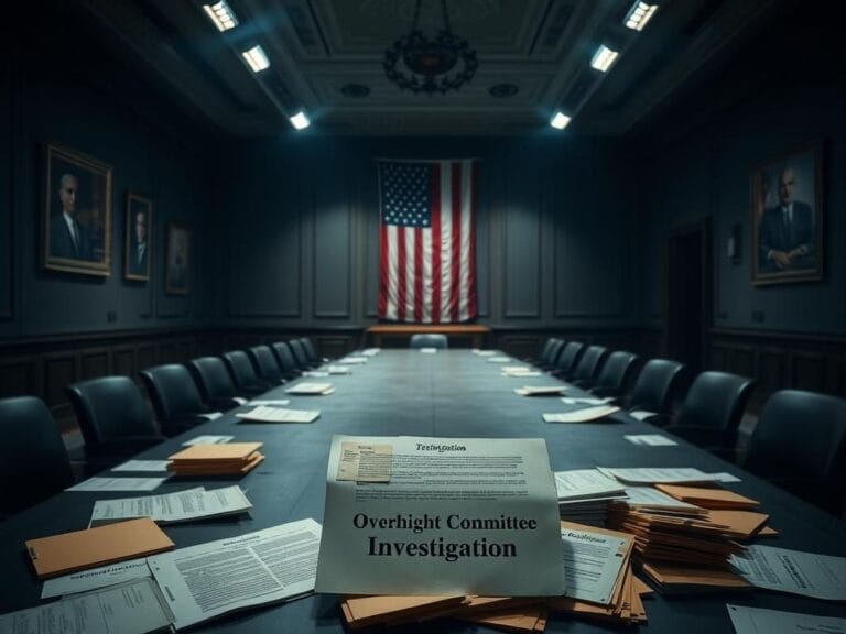 Flick International Dimly lit government building with empty conference table and scattered documents